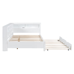 Bellemave® Full Corner Bed Frame, Wood Full Size Daybed with L - Shaped Bookcase & USB Ports - Choose Twin Trundle or 2 Drawers, White - Bellemave