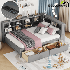 Bellemave® Full Corner Bed Frame, Wood Full Size Daybed with L - Shaped Bookcase & USB Ports - Choose Twin Trundle or 2 Drawers, White - Bellemave
