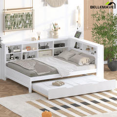 Bellemave® Full Corner Bed Frame, Wood Full Size Daybed with L - Shaped Bookcase & USB Ports - Choose Twin Trundle or 2 Drawers, White - Bellemave
