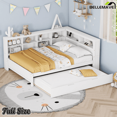 Bellemave® Full Corner Bed Frame, Wood Full Size Daybed with L - Shaped Bookcase & USB Ports - Choose Twin Trundle or 2 Drawers, White - Bellemave