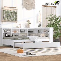 Bellemave® Full Corner Bed Frame, Wood Full Size Daybed with L - Shaped Bookcase & USB Ports - Choose Twin Trundle or 2 Drawers, White - Bellemave