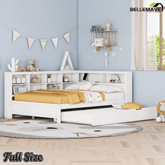 Bellemave® Full Corner Bed Frame, Wood Full Size Daybed with L - Shaped Bookcase & USB Ports - Choose Twin Trundle or 2 Drawers, White - Bellemave