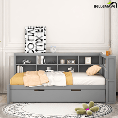 Bellemave® Full Corner Bed Frame, Wood Full Size Daybed with L - Shaped Bookcase & USB Ports - Choose Twin Trundle or 2 Drawers, White - Bellemave