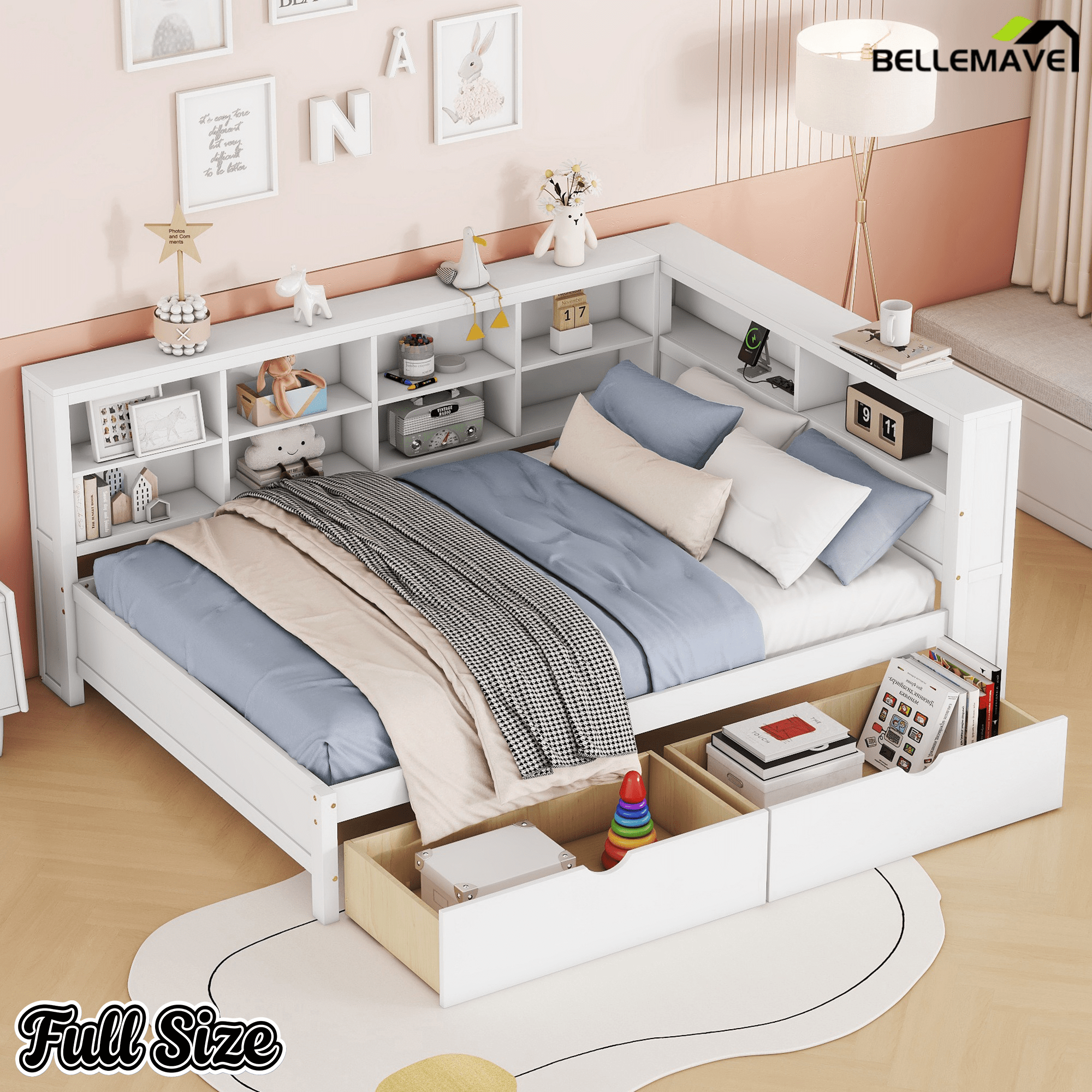 Bellemave® Full Corner Bed Frame, Wood Full Size Daybed with L - Shaped Bookcase & USB Ports - Choose Twin Trundle or 2 Drawers, White - Bellemave