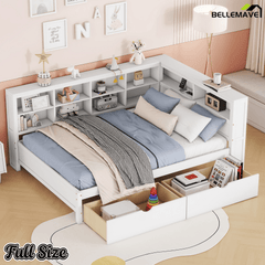 Bellemave® Full Corner Bed Frame, Wood Full Size Daybed with L - Shaped Bookcase & USB Ports - Choose Twin Trundle or 2 Drawers, White - Bellemave