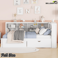 Bellemave® Full Corner Bed Frame, Wood Full Size Daybed with L - Shaped Bookcase & USB Ports - Choose Twin Trundle or 2 Drawers, White - Bellemave