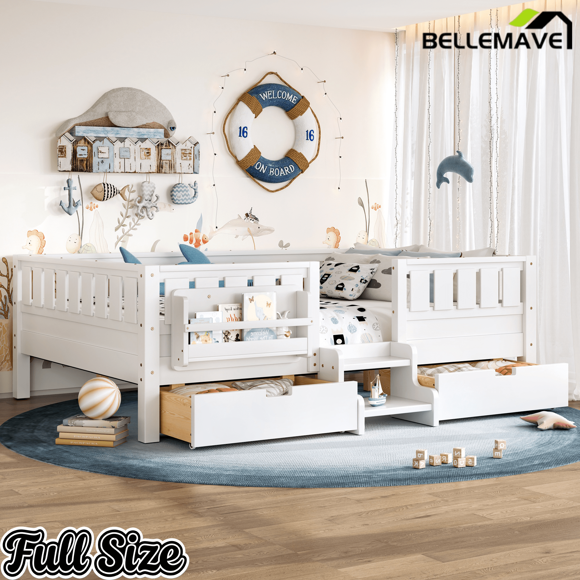 Bellemave® Full Floor Bed Frame with Built - in Bookshelves and Storage Drawers,Full Size Wood Montessori Bed with Staircase Design and Rails, White - Bellemave