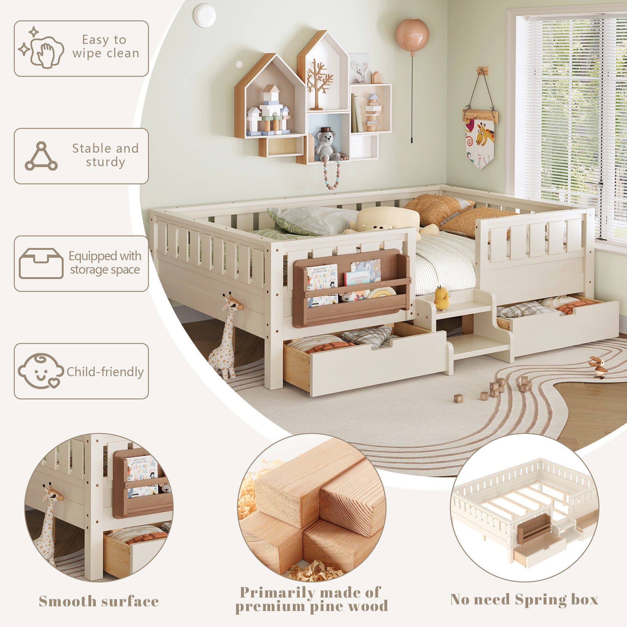 Bellemave® Full Floor Bed Frame with Built - in Bookshelves and Storage Drawers,Full Size Wood Montessori Bed with Staircase Design and Rails, White - Bellemave