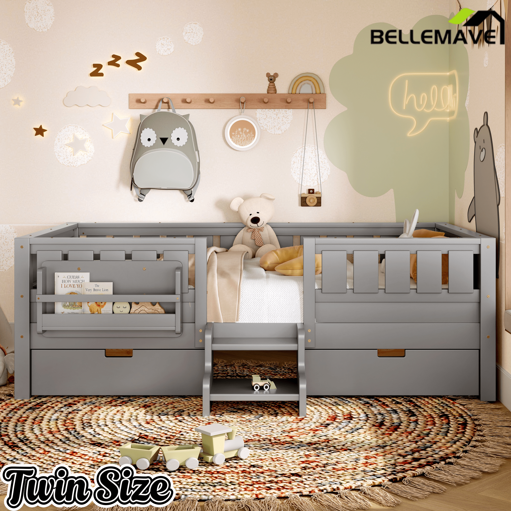 Bellemave® Full Floor Bed Frame with Built - in Bookshelves and Storage Drawers,Full Size Wood Montessori Bed with Staircase Design and Rails, White - Bellemave