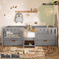 Bellemave® Full Floor Bed Frame with Built - in Bookshelves and Storage Drawers,Full Size Wood Montessori Bed with Staircase Design and Rails, White - Bellemave