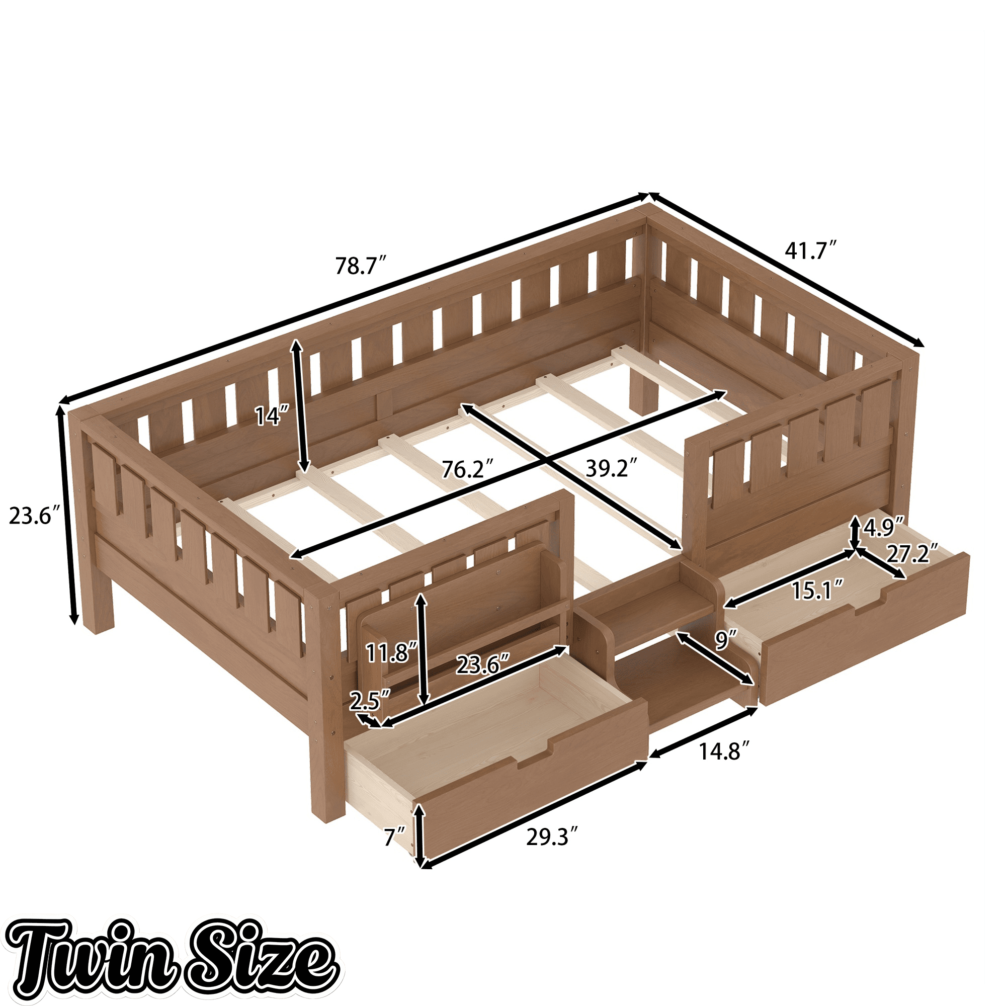 Bellemave® Full Floor Bed Frame with Built - in Bookshelves and Storage Drawers,Full Size Wood Montessori Bed with Staircase Design and Rails, White - Bellemave
