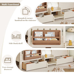 Bellemave® Full Floor Bed Frame with Built - in Bookshelves and Storage Drawers,Full Size Wood Montessori Bed with Staircase Design and Rails, White - Bellemave