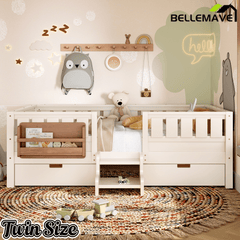 Bellemave® Full Floor Bed Frame with Built - in Bookshelves and Storage Drawers,Full Size Wood Montessori Bed with Staircase Design and Rails, White - Bellemave