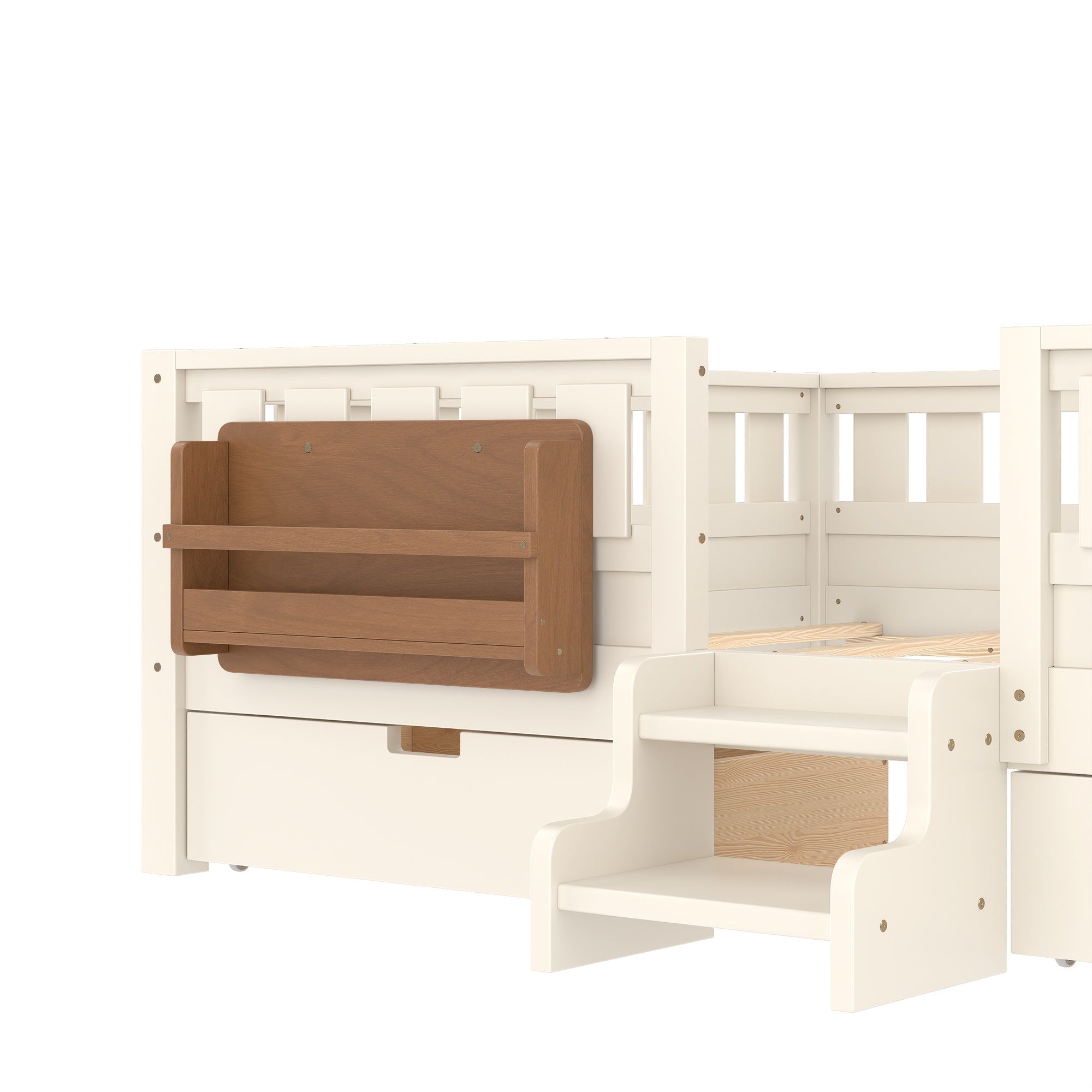 Bellemave® Full Floor Bed Frame with Built - in Bookshelves and Storage Drawers,Full Size Wood Montessori Bed with Staircase Design and Rails, White - Bellemave