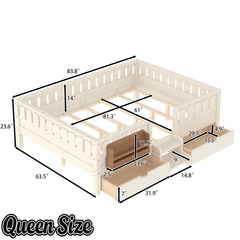 Bellemave® Full Floor Bed Frame with Built - in Bookshelves and Storage Drawers,Full Size Wood Montessori Bed with Staircase Design and Rails, White - Bellemave