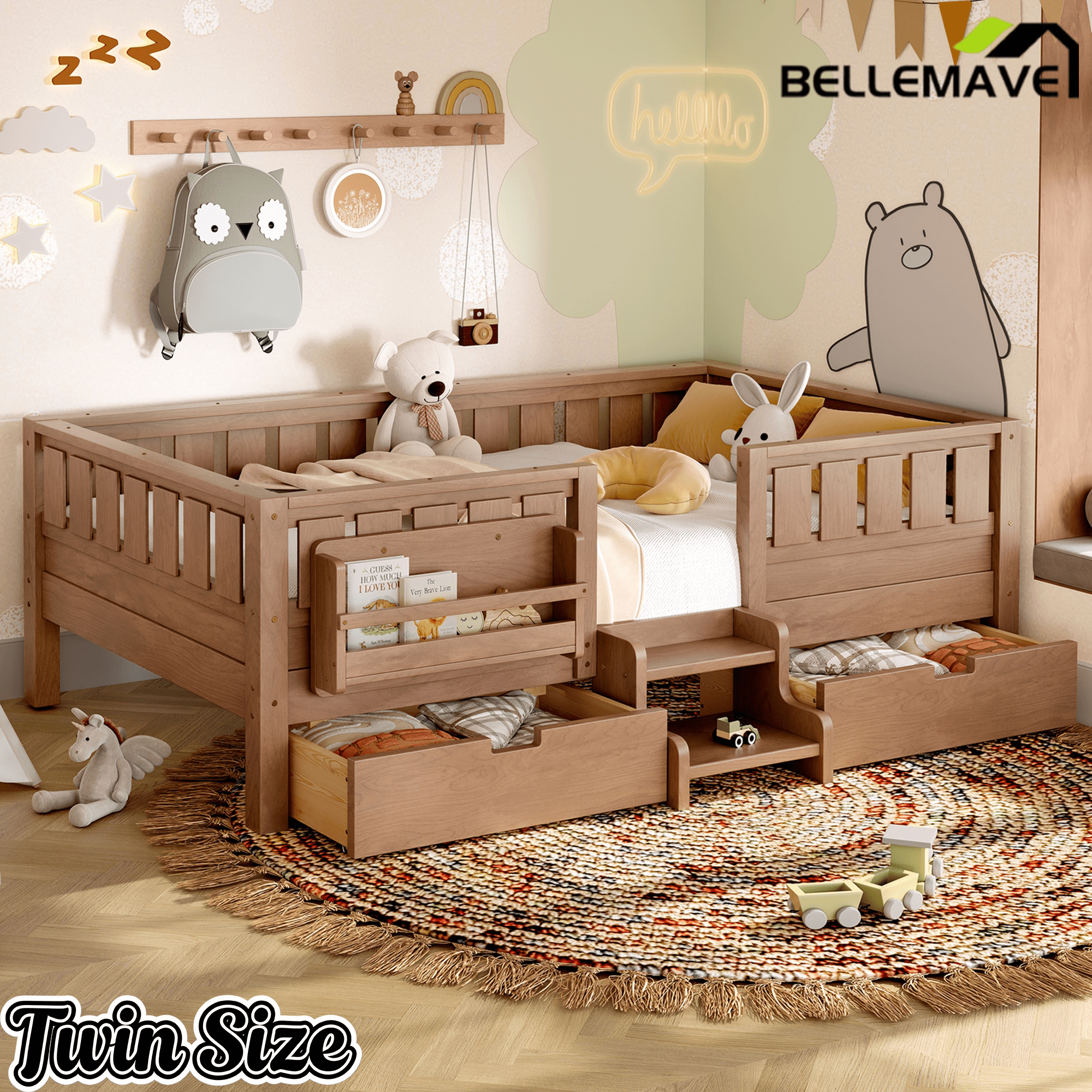 Bellemave® Full Floor Bed Frame with Built - in Bookshelves and Storage Drawers,Full Size Wood Montessori Bed with Staircase Design and Rails, White - Bellemave