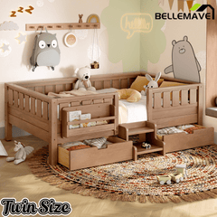 Bellemave® Full Floor Bed Frame with Built - in Bookshelves and Storage Drawers,Full Size Wood Montessori Bed with Staircase Design and Rails, White - Bellemave