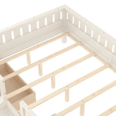 Bellemave® Full Floor Bed Frame with Built - in Bookshelves and Storage Drawers,Full Size Wood Montessori Bed with Staircase Design and Rails, White - Bellemave