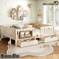 Bellemave® Full Floor Bed Frame with Built - in Bookshelves and Storage Drawers,Full Size Wood Montessori Bed with Staircase Design and Rails, White - Bellemave