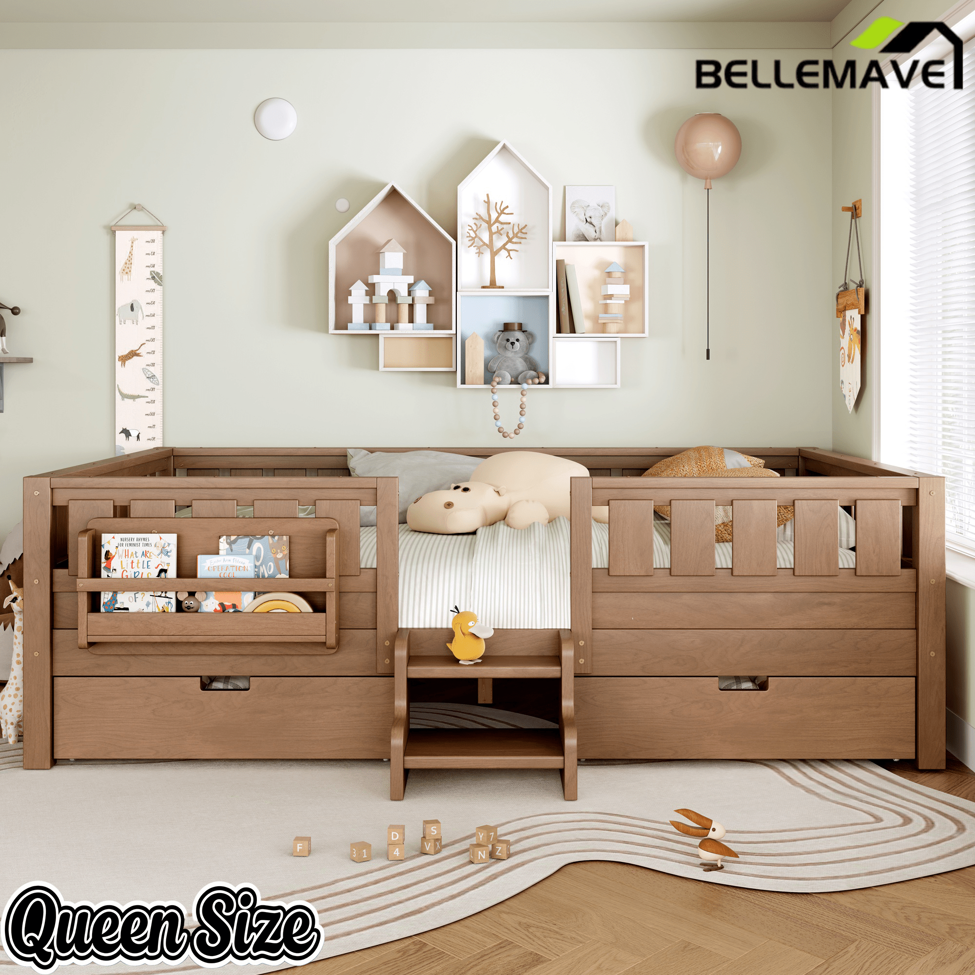 Bellemave® Full Floor Bed Frame with Built - in Bookshelves and Storage Drawers,Full Size Wood Montessori Bed with Staircase Design and Rails, White - Bellemave