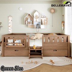 Bellemave® Full Floor Bed Frame with Built - in Bookshelves and Storage Drawers,Full Size Wood Montessori Bed with Staircase Design and Rails, White - Bellemave