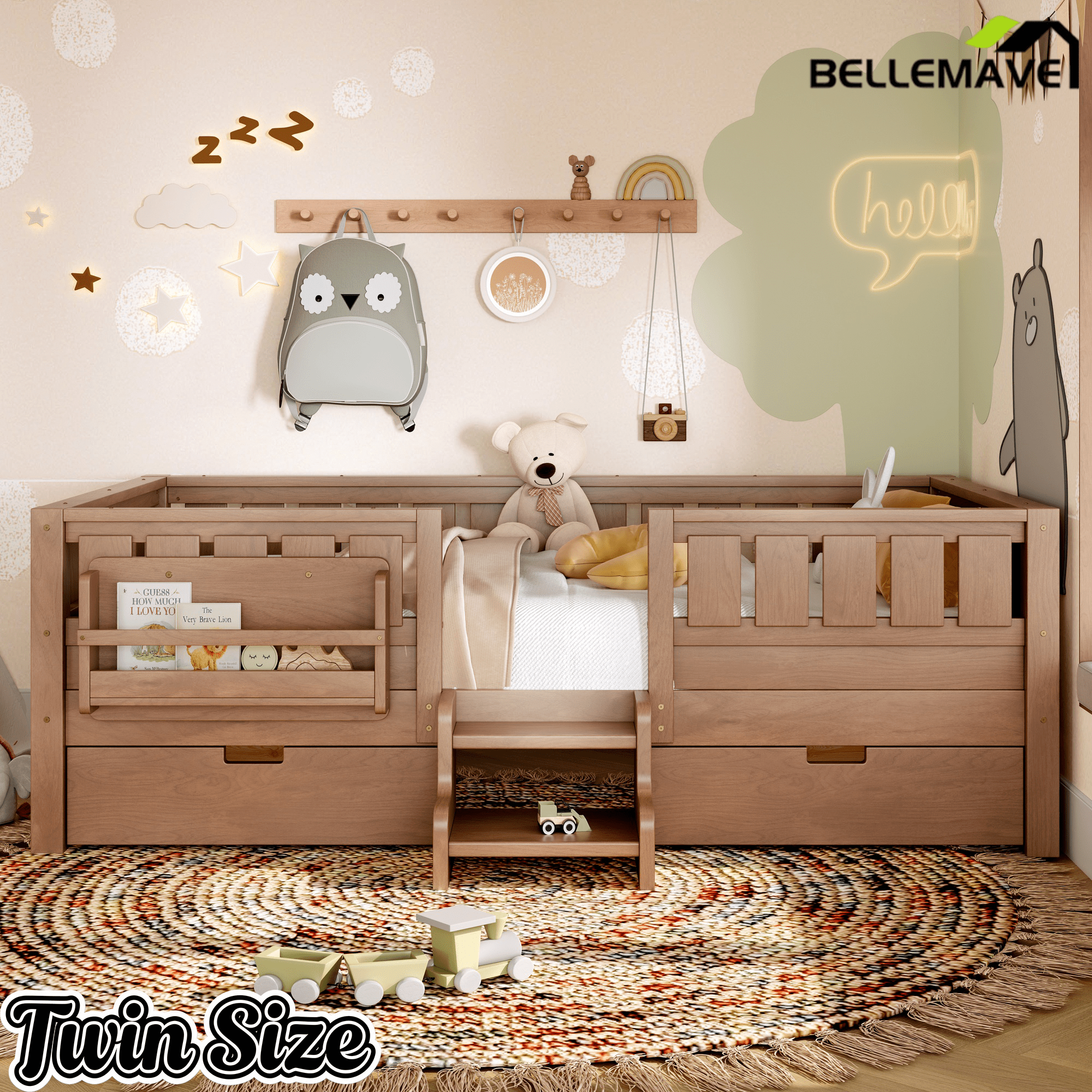 Bellemave® Full Floor Bed Frame with Built - in Bookshelves and Storage Drawers,Full Size Wood Montessori Bed with Staircase Design and Rails, White - Bellemave