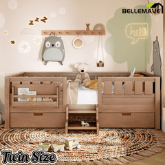 Bellemave® Full Floor Bed Frame with Built - in Bookshelves and Storage Drawers,Full Size Wood Montessori Bed with Staircase Design and Rails, White - Bellemave