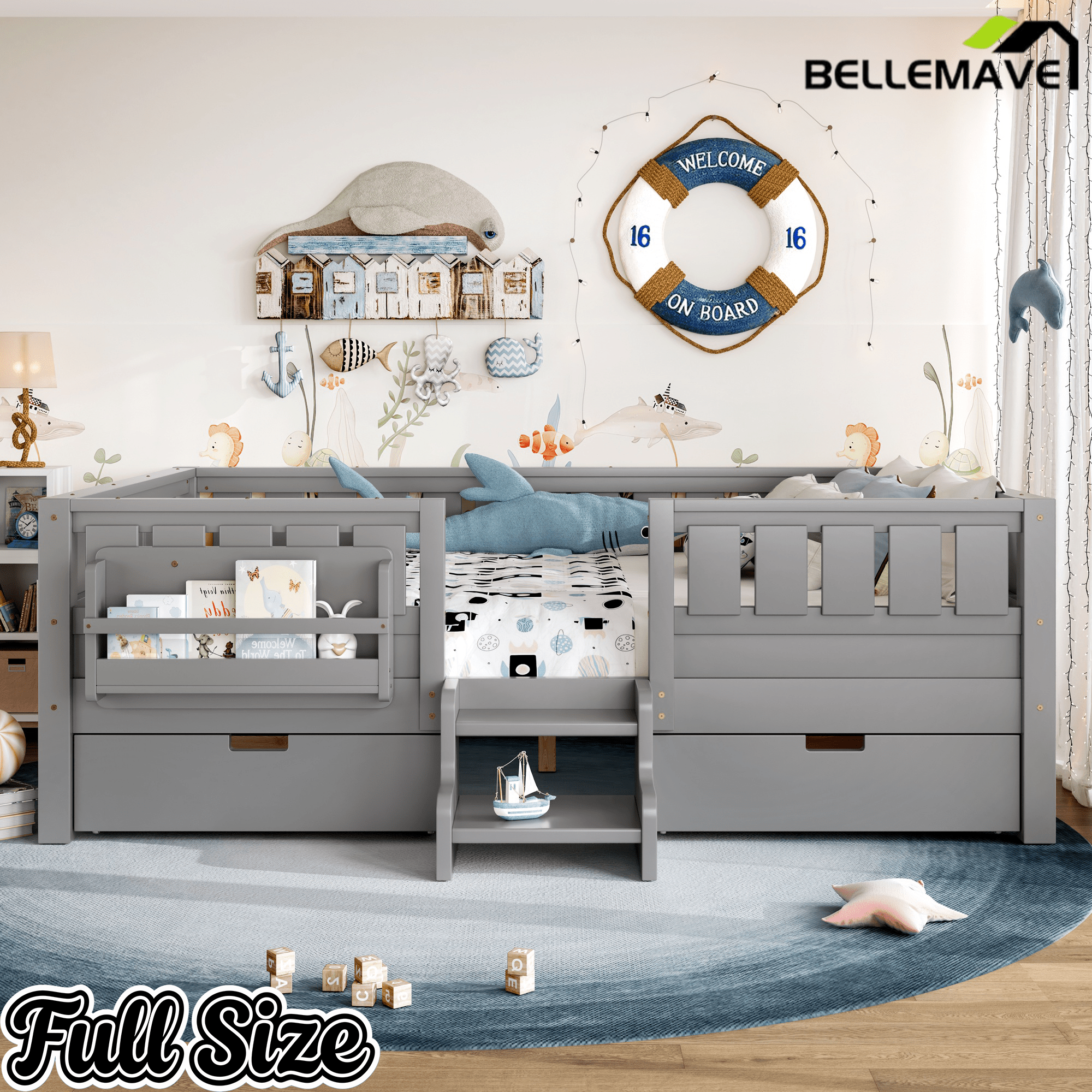 Bellemave® Full Floor Bed Frame with Built - in Bookshelves and Storage Drawers,Full Size Wood Montessori Bed with Staircase Design and Rails, White - Bellemave