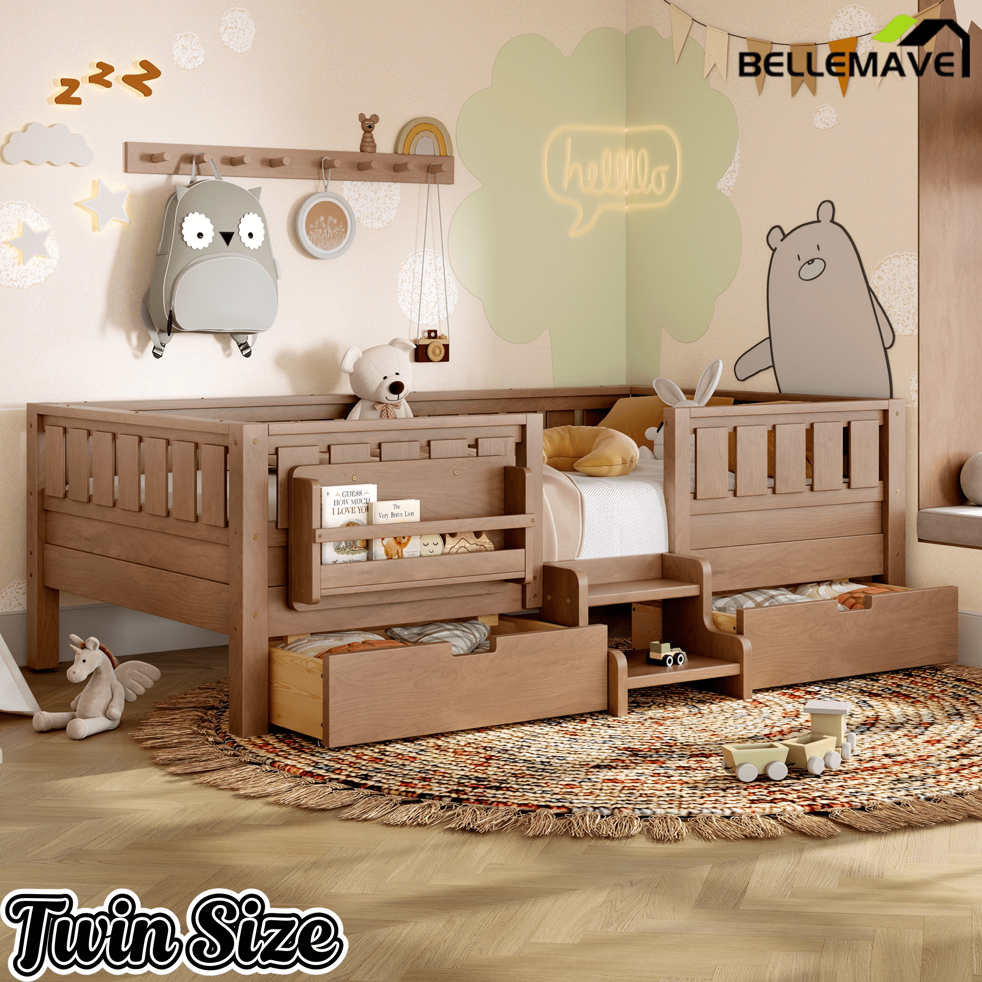 Bellemave® Full Floor Bed Frame with Built - in Bookshelves and Storage Drawers,Full Size Wood Montessori Bed with Staircase Design and Rails, White - Bellemave