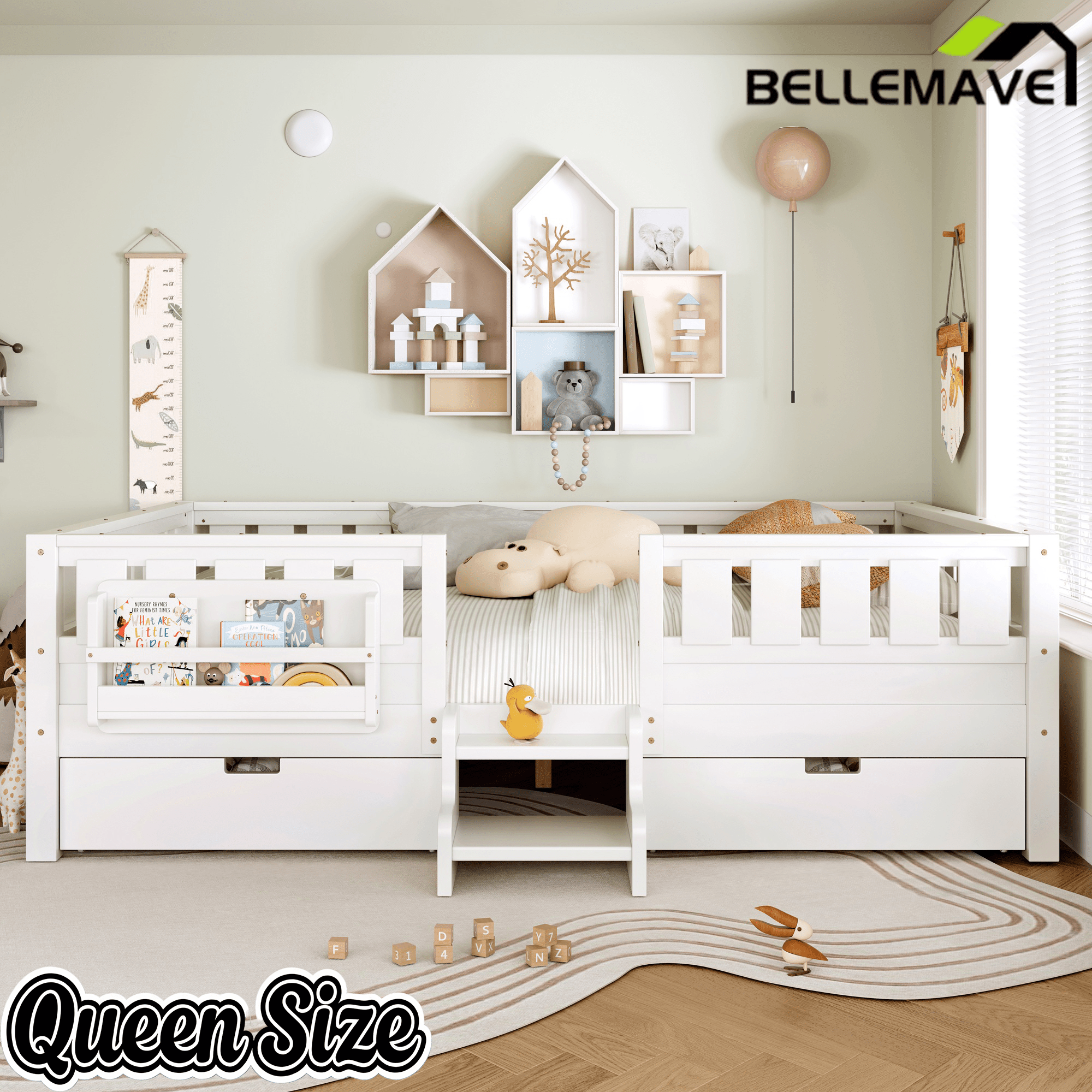 Bellemave® Full Floor Bed Frame with Built - in Bookshelves and Storage Drawers,Full Size Wood Montessori Bed with Staircase Design and Rails, White - Bellemave