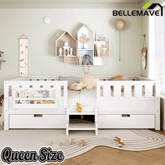 Bellemave® Full Floor Bed Frame with Built - in Bookshelves and Storage Drawers,Full Size Wood Montessori Bed with Staircase Design and Rails, White - Bellemave