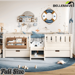 Bellemave® Full Floor Bed Frame with Built - in Bookshelves and Storage Drawers,Full Size Wood Montessori Bed with Staircase Design and Rails, White - Bellemave