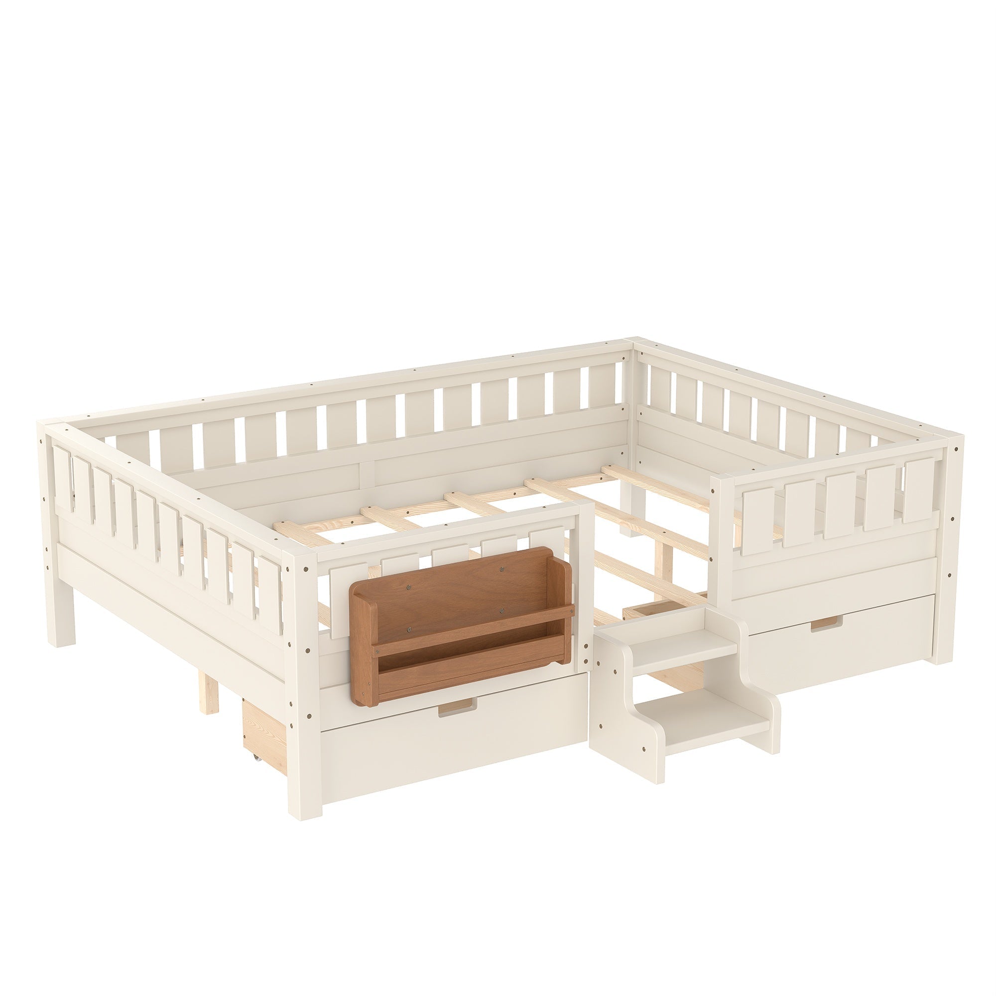 Bellemave® Full Floor Bed Frame with Built - in Bookshelves and Storage Drawers,Full Size Wood Montessori Bed with Staircase Design and Rails, White - Bellemave