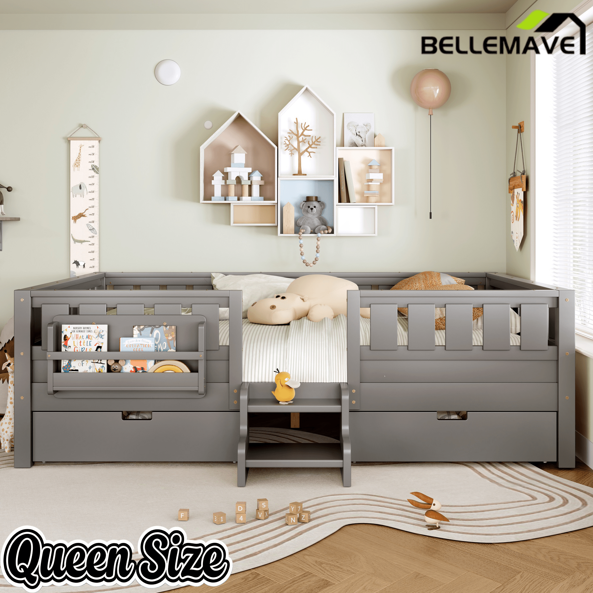 Bellemave® Full Floor Bed Frame with Built - in Bookshelves and Storage Drawers,Full Size Wood Montessori Bed with Staircase Design and Rails, White - Bellemave