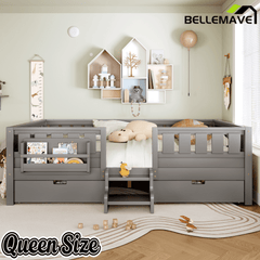 Bellemave® Full Floor Bed Frame with Built - in Bookshelves and Storage Drawers,Full Size Wood Montessori Bed with Staircase Design and Rails, White - Bellemave