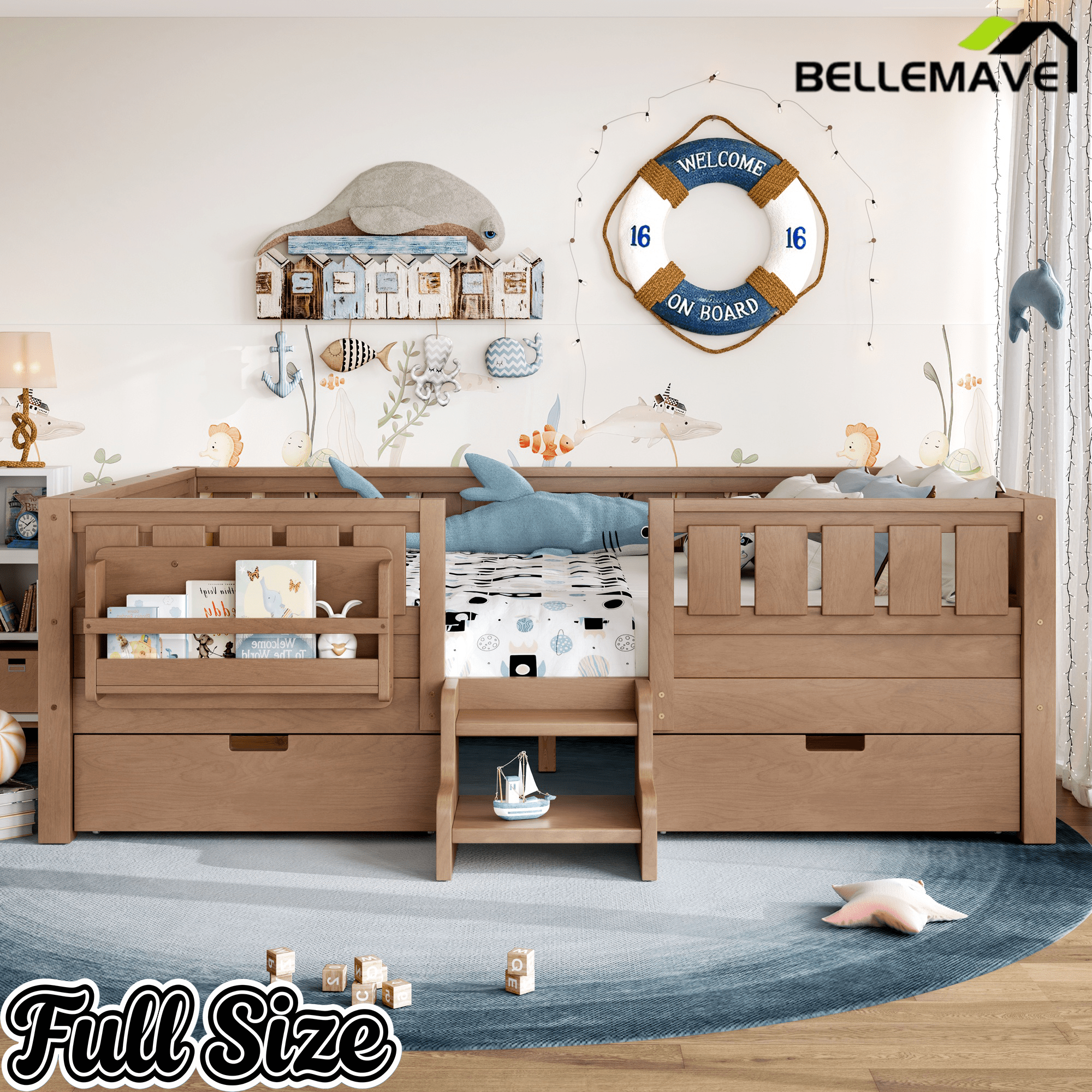 Bellemave® Full Floor Bed Frame with Built - in Bookshelves and Storage Drawers,Full Size Wood Montessori Bed with Staircase Design and Rails, White - Bellemave