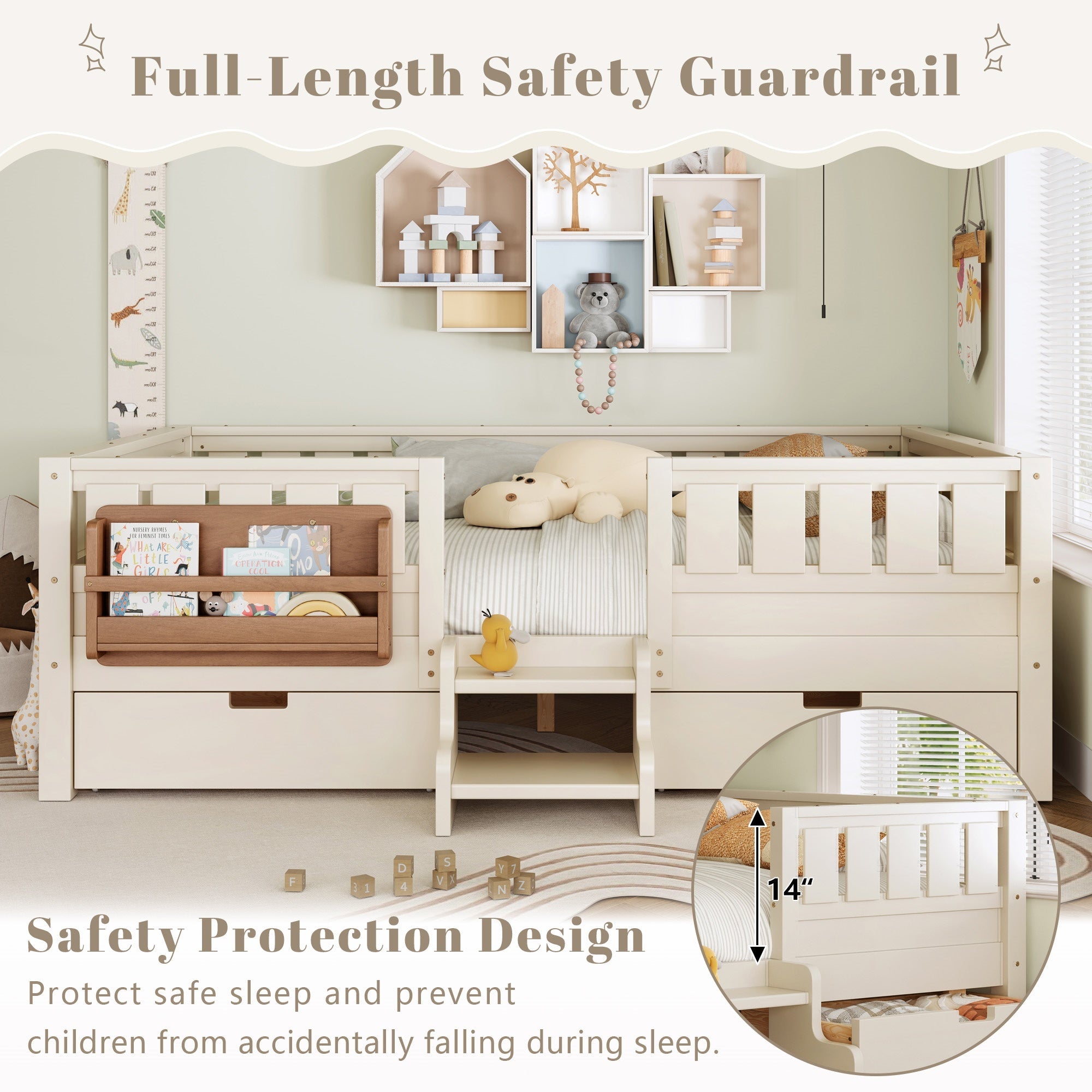 Bellemave® Full Floor Bed Frame with Built - in Bookshelves and Storage Drawers,Full Size Wood Montessori Bed with Staircase Design and Rails, White - Bellemave