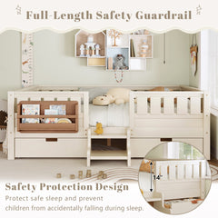 Bellemave® Full Floor Bed Frame with Built - in Bookshelves and Storage Drawers,Full Size Wood Montessori Bed with Staircase Design and Rails, White - Bellemave