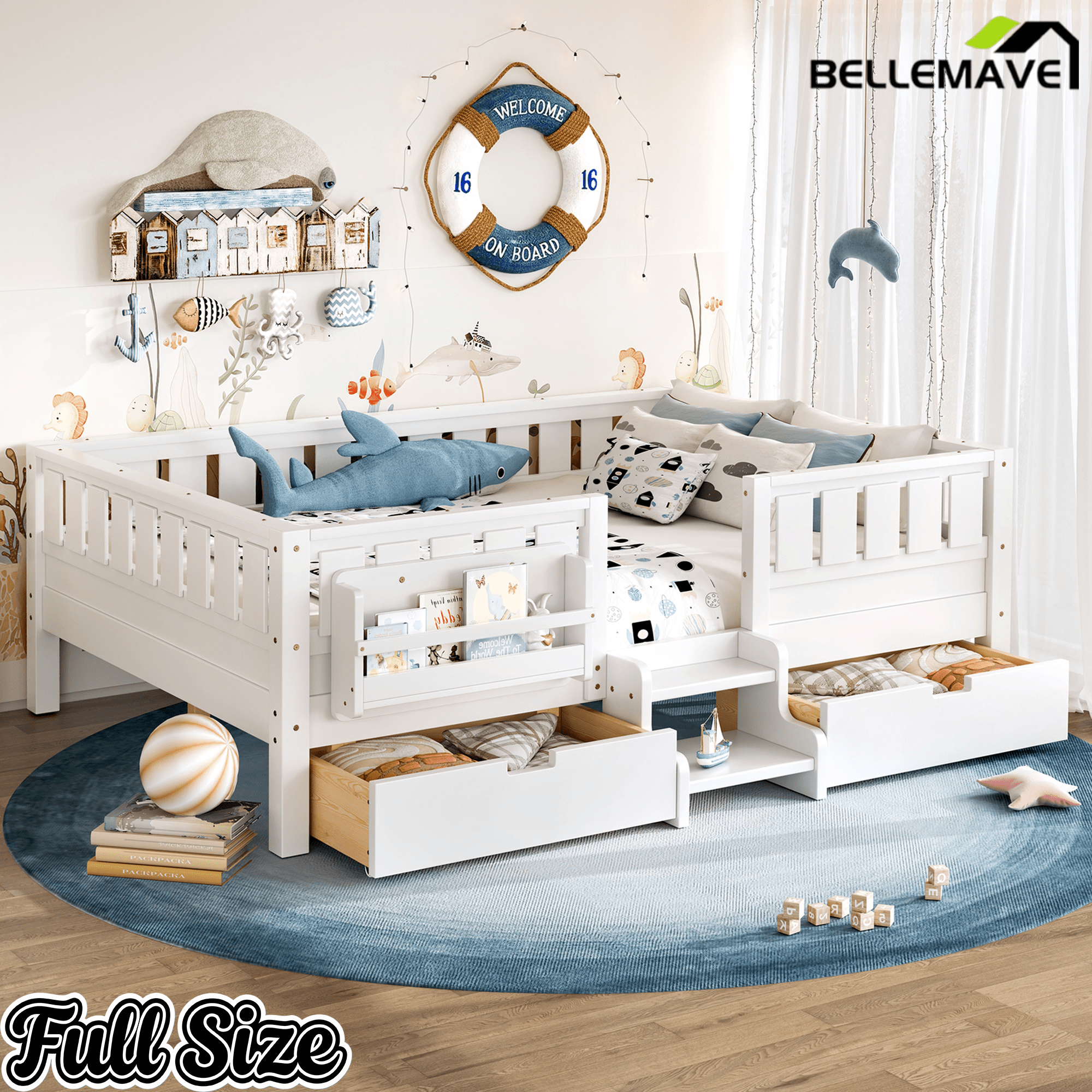 Bellemave® Full Floor Bed Frame with Built - in Bookshelves and Storage Drawers,Full Size Wood Montessori Bed with Staircase Design and Rails, White - Bellemave