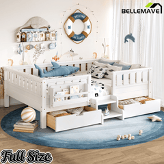 Bellemave® Full Floor Bed Frame with Built - in Bookshelves and Storage Drawers,Full Size Wood Montessori Bed with Staircase Design and Rails, White - Bellemave
