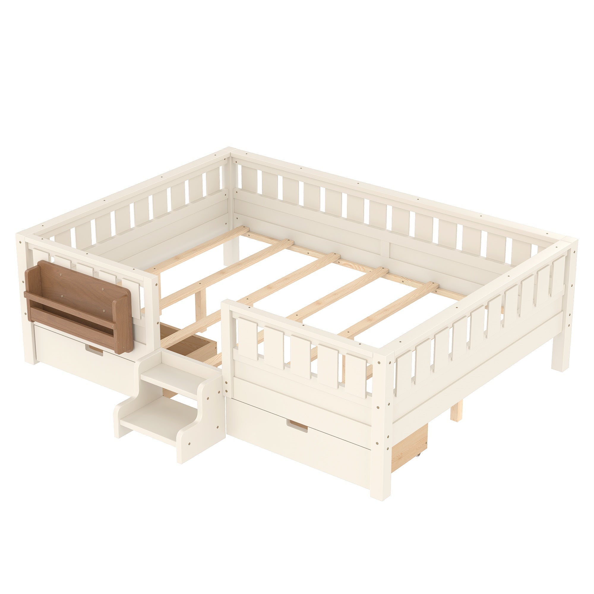 Bellemave® Full Floor Bed Frame with Built - in Bookshelves and Storage Drawers,Full Size Wood Montessori Bed with Staircase Design and Rails, White - Bellemave