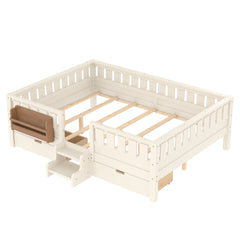 Bellemave® Full Floor Bed Frame with Built - in Bookshelves and Storage Drawers,Full Size Wood Montessori Bed with Staircase Design and Rails, White - Bellemave