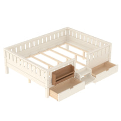 Bellemave® Full Floor Bed Frame with Built - in Bookshelves and Storage Drawers,Full Size Wood Montessori Bed with Staircase Design and Rails, White - Bellemave