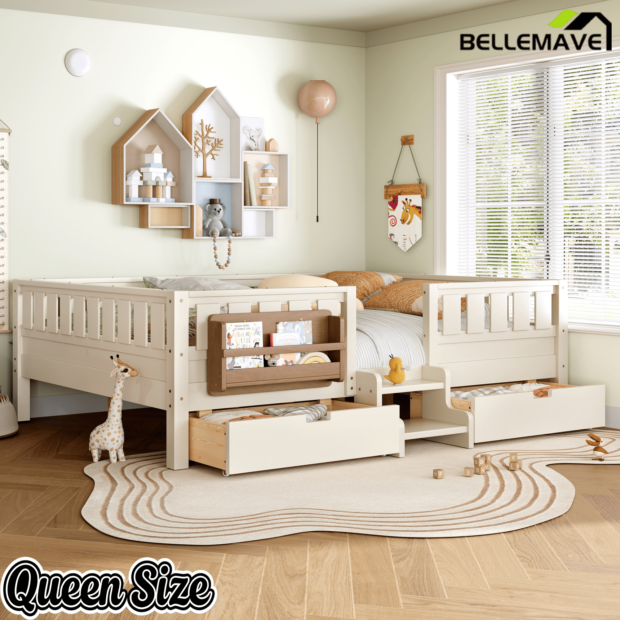 Bellemave® Full Floor Bed Frame with Built - in Bookshelves and Storage Drawers,Full Size Wood Montessori Bed with Staircase Design and Rails, White - Bellemave