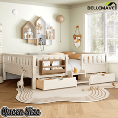 Bellemave® Full Floor Bed Frame with Built - in Bookshelves and Storage Drawers,Full Size Wood Montessori Bed with Staircase Design and Rails, White - Bellemave