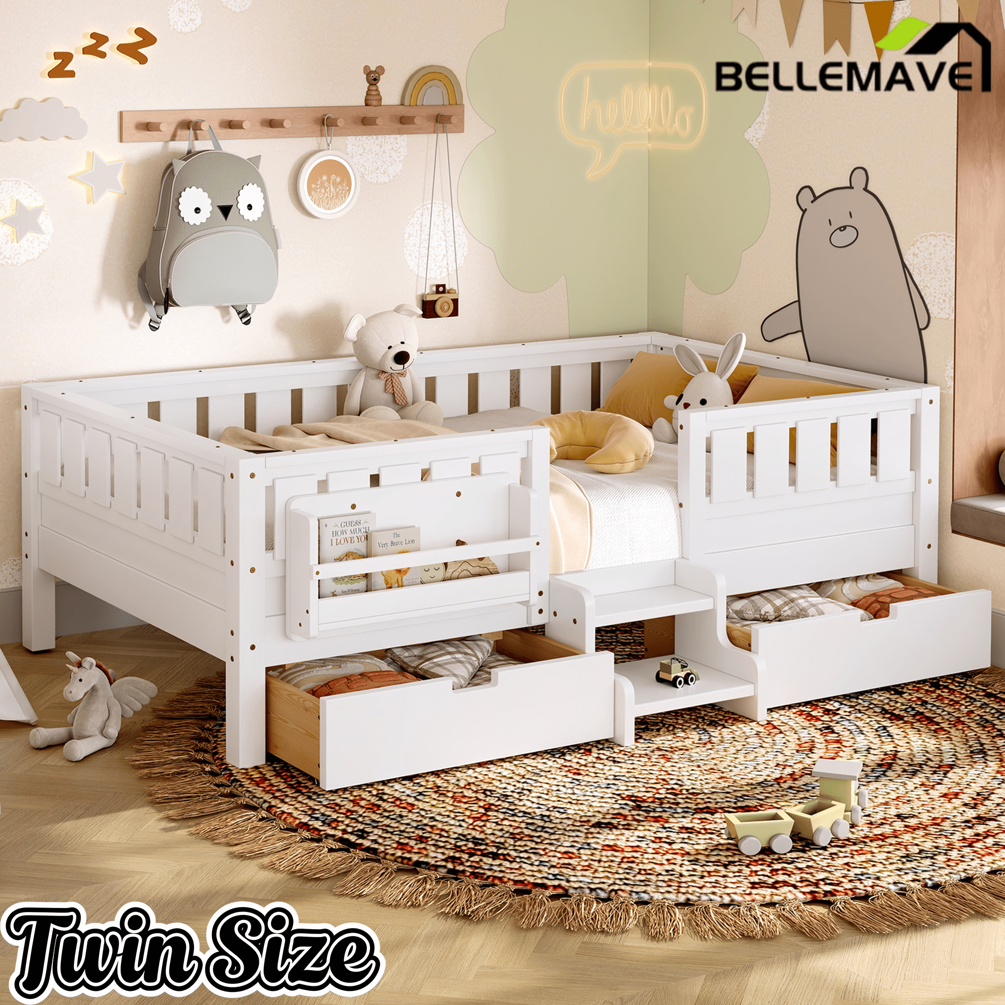 Bellemave® Full Floor Bed Frame with Built - in Bookshelves and Storage Drawers,Full Size Wood Montessori Bed with Staircase Design and Rails, White - Bellemave