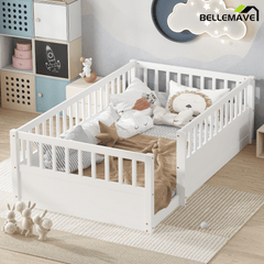 Bellemave® Full Floor Bed with high Rails for Kids, Girls, Boys, Wood Montessori Floor Bed Without Door, Natural - Bellemave