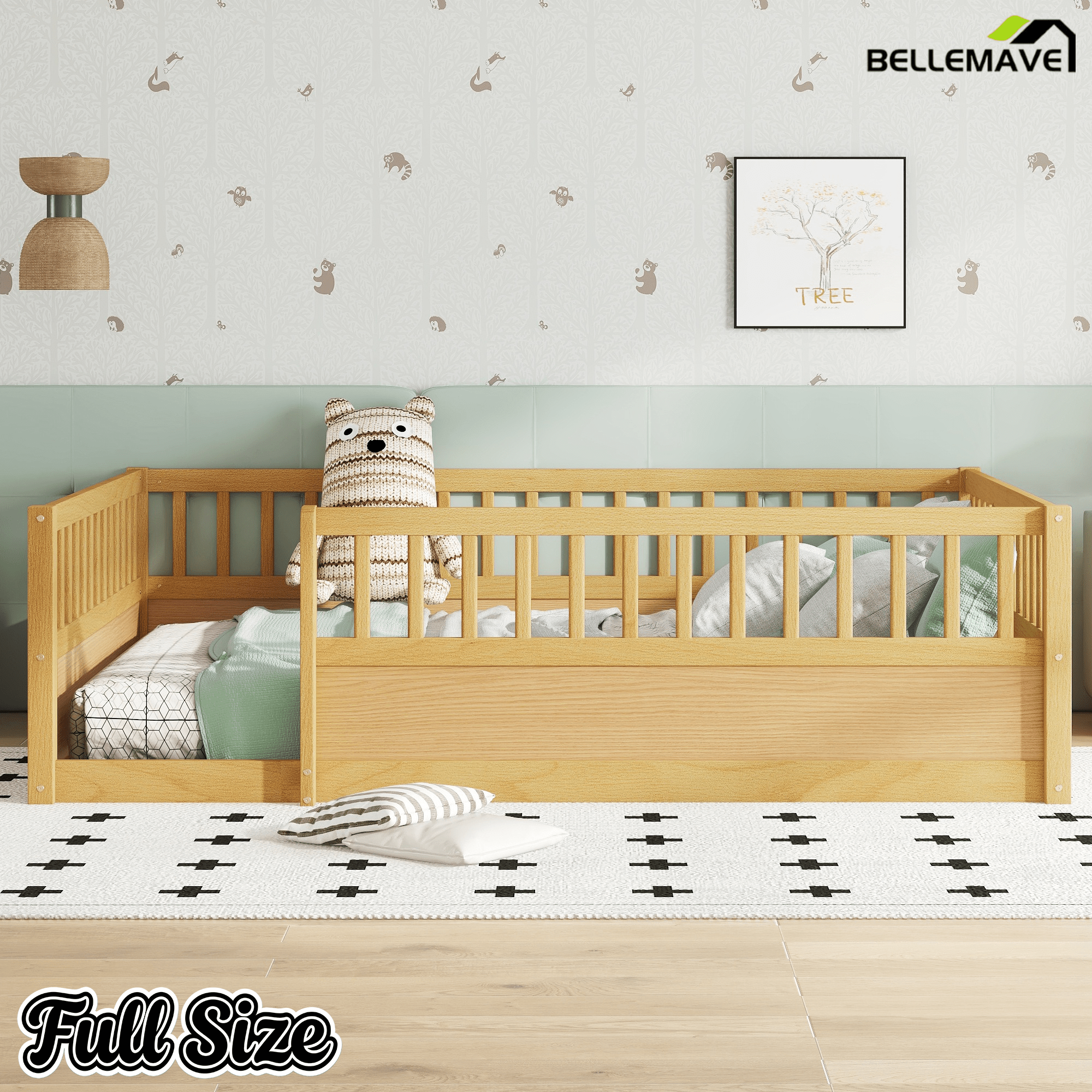 Bellemave® Full Floor Bed with high Rails for Kids, Girls, Boys, Wood Montessori Floor Bed Without Door, Natural - Bellemave