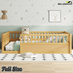 Bellemave® Full Floor Bed with high Rails for Kids, Girls, Boys, Wood Montessori Floor Bed Without Door, Natural - Bellemave