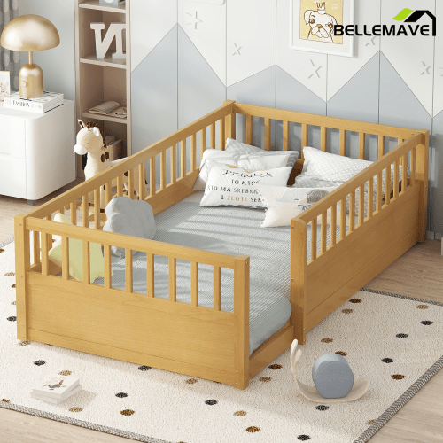 Bellemave® Full Floor Bed with high Rails for Kids, Girls, Boys, Wood Montessori Floor Bed Without Door, Natural - Bellemave